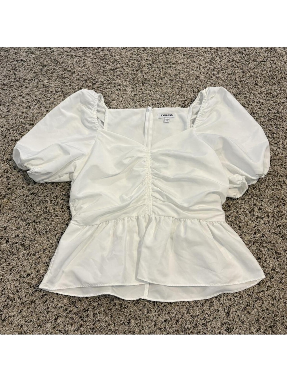 Express Size M Elegant White Ruched Blouse, Puff Sleeves, Capsule Wardrobe